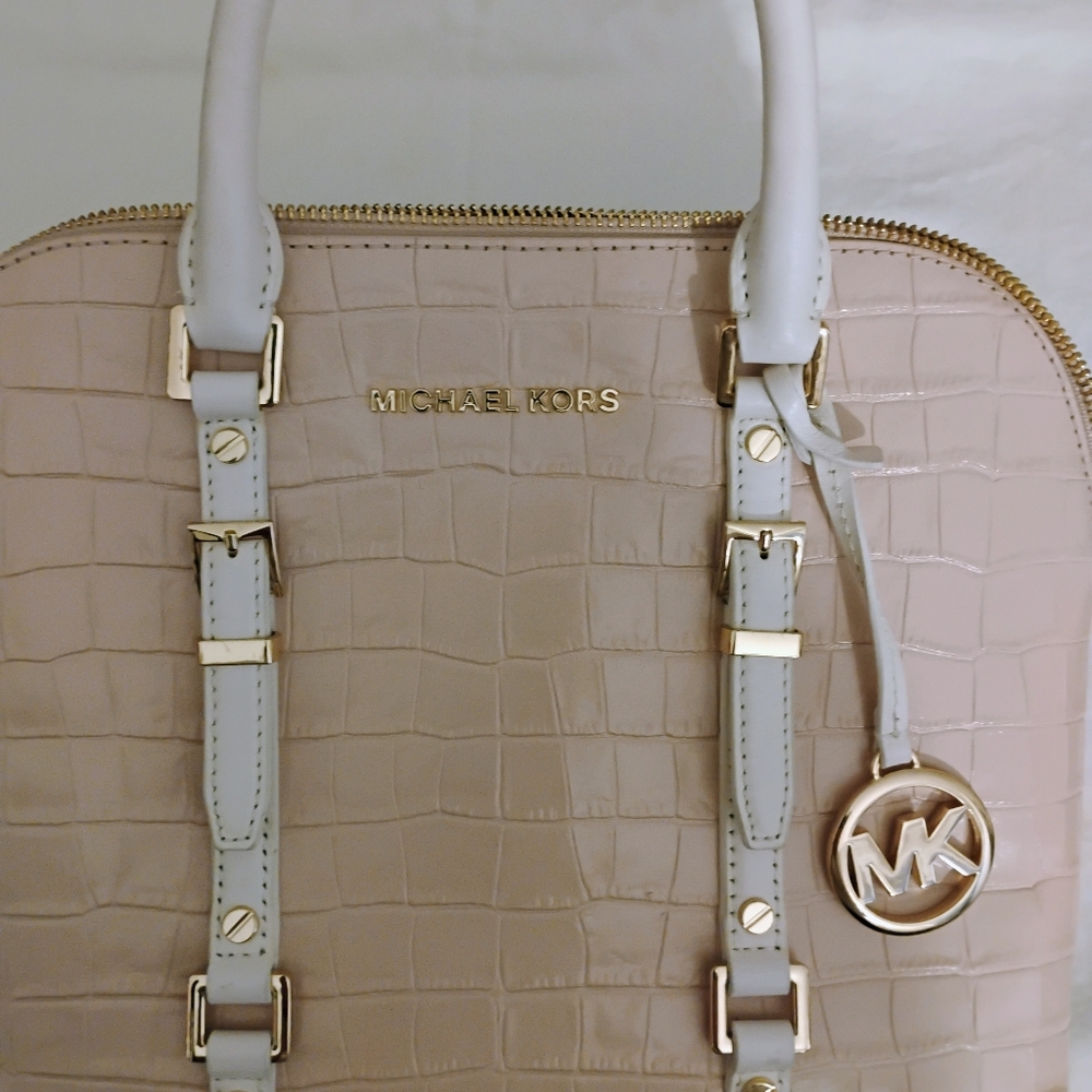 Michael Kors Blush Pink Croc-Embossed Satchel with Gold Hardware